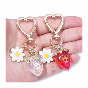 Cute 3d Strawberry Keychain Design Heart Flower Fruit <b>Key</b> <b>Ring</b> Bag for Girl's Gift Purse Charm Jewelry Decor Accessories - Product Image 2