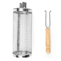 Panier de barbecue roulant en acier inoxydable avec poignée en bois de caoutchouc pour grillades en extérieur