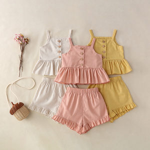 Conjuntos de Ropa de Verano para Niñas de Australia y Estados Unidos, sin Mangas, de Algodón y Lino, con Botones Delanteros, Volantes y Braguitas, Trajes para Niñas - Product Image 1