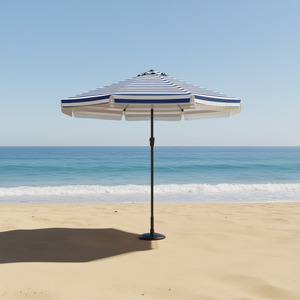 Outdoor <b>Sun</b> <b>Umbrella</b> Blue White Striped Polyester Manual Tilt Beach <b>Patio</b> Use Steel Pole Coastal Style - Product Image 2