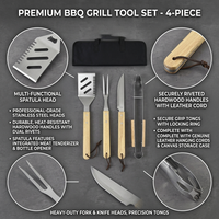 Ensemble de 4 outils de barbecue portables en acier inoxydable robuste avec manche en bois pour le camping en plein air