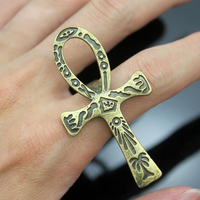 Bague Ankh Entièrement Personnalisée, Populaire, Gravée Style Tribal, Réglable, Rétro Vintage, en Laiton Vieilli à Finition Brute