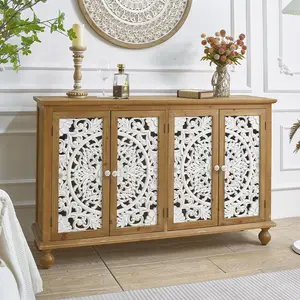 INNOVA HOME Dining Room Large Rustic Hand Carved Door Natural Colour Wood Sideboard Cabinet