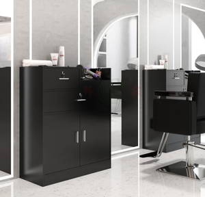 Armadietto Nero con Serratura per Salone, con 5 Supporti per Asciugacapelli, 2 Cassetti, Ampio Scomparto e Ripiano Aperto per Strumenti da Parrucchiere - Product Image 2