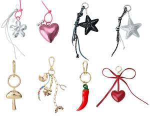 Porte-clés tendance en métal et cuir PU avec breloques en forme de cœur, étoile, champignon, piment, fleurs, pampilles en corde, cadeau idéal pour sacs - Product Image 1