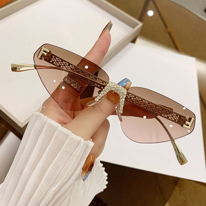 Frameless Rhinestone <b>Sunglasses</b> Black PC Lens UV400 Unisex Outdoor Style - Product Image 3