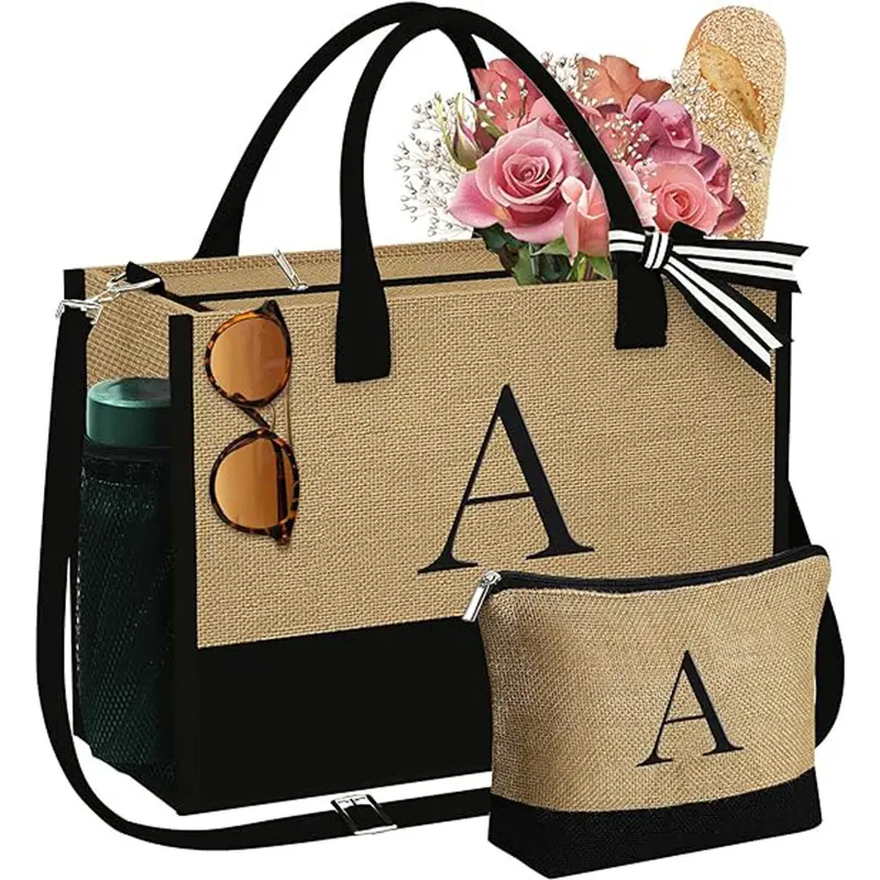 Personalized Custom Logo Letter Printed Crossbody Shopping Bag Large Capacity Jute Handbag Canvas Beach Tote Bag for Women