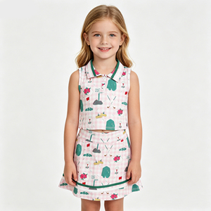 Tenue active 2 pièces à imprimé golf pour petites filles, ensemble haut sans manches et jupe à carreaux roses, vêtements décontractés d'été pour enfants - Product Image 3