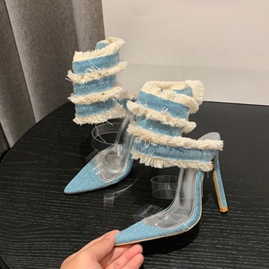 Sandalias de tacón de aguja con plataforma y correa única de mezclilla para mujer, estilo sexy con cordones cruzados, tendencia de moda para verano y otoño, venta al por mayor - Product Image 4