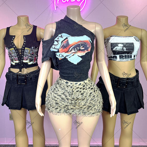 Mùa Hè Lông Thú Váy Của Phụ Nữ Thiết Lập Không Tay Crop Tank Tops + Jeans Pleated Váy Phù Hợp Với Hai 2 Mảnh Bộ - Product Image 1