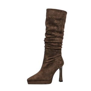 9399-1 Chunky High Heel Long Slim Waterproof Platform Side Zipper Wrinkled <strong>Slouch</strong> <strong>Boots</strong> Women Pointed Toe - Product Image 2