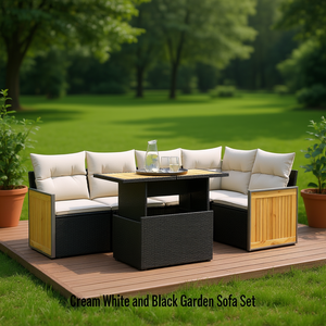 Ensemble de salon de jardin en rotin moderne 6 places, mobilier d'extérieur blanc crème et noir, design en panneaux de teck résistant aux intempéries - Product Image 2