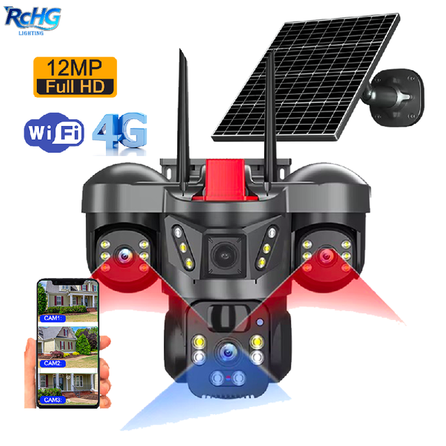 12MP Triple Len Outdoor Solar Wifi Camera Humanoid Detection Sim Card 4G 360 Solar Security Camera Night Vision