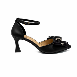 <b>Black</b> Genuine Leather Mary Jane <b>Pumps</b> With Bowknot Ankle Strap Kitten Heel Pointed Toe Fashion Dress Shoes - Product Image 4