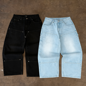Jean en denim épais de haute qualité pour <span class=keywords><strong>homme</strong></span>, pantalon cargo ample à double genou, imprimé personnalisé, coupe large vintage - Product Image 1