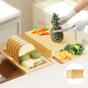 Tabla de cortar de madera con escurridor y bandeja de drenaje para almacenamiento en encimera de cocina, tabla de cortar multifuncional de madera maciza - Product Image 1