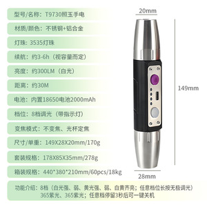T9730 Jade Light 149mm 3535 Led Rechargeable Flashlight With 8 Mode Dimming For Stone Identification - Product Image 1