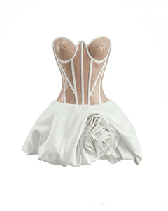 Robe mini blanche vintage sans bretelles, style coréen, en dentelle, moulante, avec jupe à volants, pour soirée et été - Product Image 4