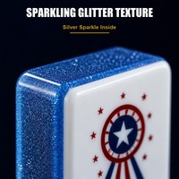 Jeu de Mahjong à Paillettes Patriotiques, Tuiles de Mahjong pour la Fête de l'Indépendance avec 160 Pièces, Mahjong en Acrylique à Dos Bleu Pailleté pour Fête