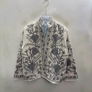 <b>Women</b> White Cotton <b>Embroidered</b> Suzani <b>Jacket</b> With Floral Pattern Full Sleeve Stand Collar Bohemian Autumn Outerwear - Product Image 1