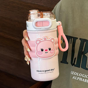 Bouteille d'eau isotherme mignonne à motif de dessin animé pour femmes, étudiants et enfants, 500 ml, portable avec paille, tasse à boire en acier inoxydable à double paroi - Product Image 2