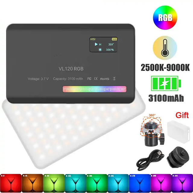 NEW Ulanzi VL120 RGB LED Light Camera Lamp Full Color Rechargeable 3100mAh Dimmable 2500-9000K Panel Light Christmas Lights
