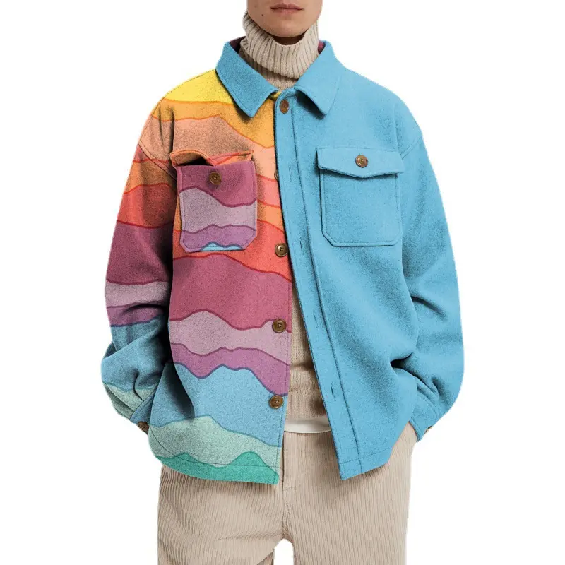 नई फैशन हॉट सेलिंग उच्च गुणवत्ता वाली आकस्मिक लंबी आस्तीन पुरुषों के कोट रंगीन ज्यामितीय पैटर्न लैपल बटन शर्ट कोट