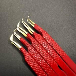 Pince à épiler professionnelle japonaise durable en acier inoxydable couleur rouge enduit or pointu Volume Fiber Lash - Product Image 2