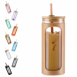 20oz Glass Water Tumbler Lids Water Bottle Reusable Wide Mouth Smoothie Coffee Cups Sleeve Bamboo With Straw Silicone Mugs Party