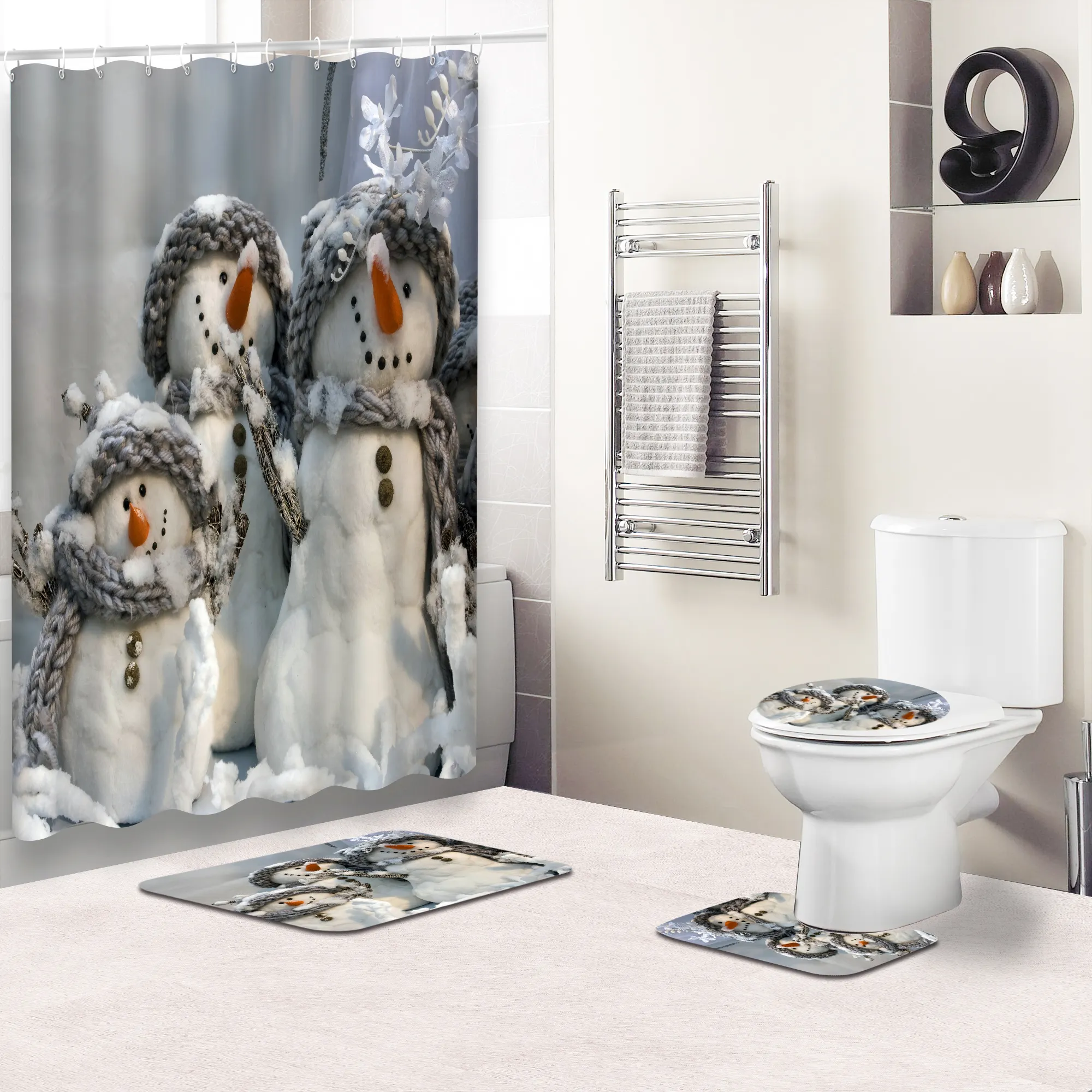 Christmas snowman 3D Digital Printing Polyester Waterproof Shower Curtain bathroom set accessories floor set