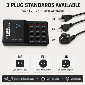 <span class=keywords><strong>Chargeur</strong></span> USB multi-ports 12 ports 60W à charge rapide en PVC, entrée 220V, adaptateur QC 3.0 pour téléphones, tablettes et consoles de jeux - Product Image 3
