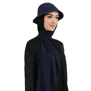 新款设计纯色珍珠雪纺头巾带桶帽2套面纱围巾带帽女士