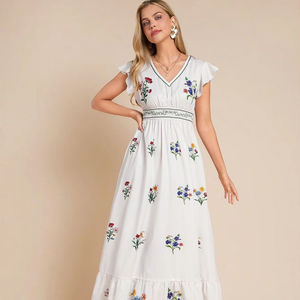 Robe maxi à manches courtes en coton 100% lavable, tissée blanche, taille haute, mode, brodée - Product Image 1