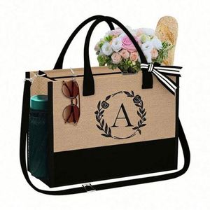 Bolsa de Compras Personalizada con Logotipo y Letra Impresa, Bolsa de Mano de Yute de Gran Capacidad, Bolsa de Playa de Lona para Mujer - Product Image 6