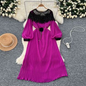 Plissiertes Damenkleid Stretch Übergröße Rüschen Langarm Vintage Lässiges Langes Maxikleid für Frauen - Product Image 3