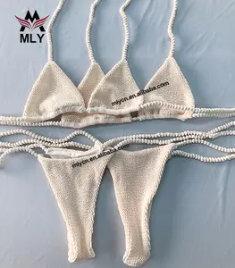 Benutzer definierte Mode High Waist Frauen Badeanzug Sexy String Gerippte Riemchen Badeanzug Bikini Zweiteilige weibliche Mädchen Bade bekleidung