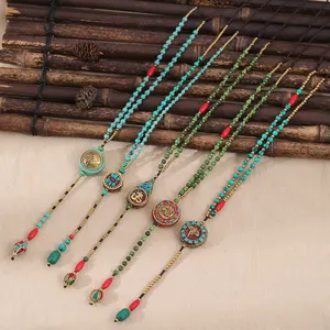 2022 Autumn And Winter New Design Ethnic Turquoise Beads Long Necklace Vintage Handmade Nepal Brass Pendant Sweater Chain
