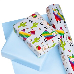 Rollo de Papel Ecológico para Regalos y Manualidades, con Diseño de Llamas y Cactus Arcoíris, Recubrimiento de PE de Doble Cara, Reciclable, 100GSM - Product Image 4