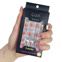 Faux ongles carrés courts scintillants, style français, rose ombré, en ABS avec diamants artificiels