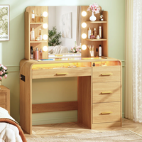 Table de maquillage en MDF imitation bois avec miroir éclairé, plateau en verre et 4 tiroirs – Vente en gros