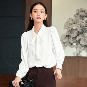 Women's White Ribbon Bow Blouse Solid Color Chiffon Office Wear Long Sleeve Formal Shirt - Product Image 1