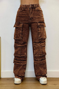 Pantalons en jean décontractés pour femmes, style streetwear, avec poches ornées de diamants, tendance - Product Image 3