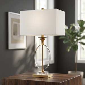 Lámpara de Mesa Moderna y Sencilla de Cristal, E26 AC, Pantalla Cuadrada Blanca con Detalles Dorados, para Dormitorio o Sala de Estar - Product Image 2