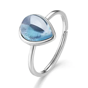 Love & Beauty Natural solitaire gemstone sterling silver gold pear drop blue topaz ring