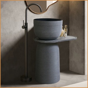Lavabo a <span class=keywords><strong>colonna</strong></span> in pietra naturale, a forma di vasca rotonda scanalata, per esterni/interni, giardino, patio, villa, hotel - Product Image 1
