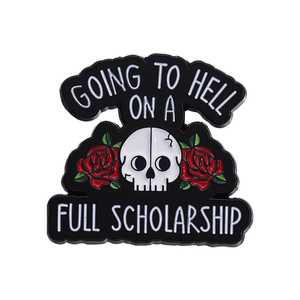 Impresión tipográfica personalizada Going Hell Full Scholarship Hell Broche de metal con diseño de esqueleto y rosa, distintivo de metal con diseño de autodepreciación, embalaje para libros - Product Image 2