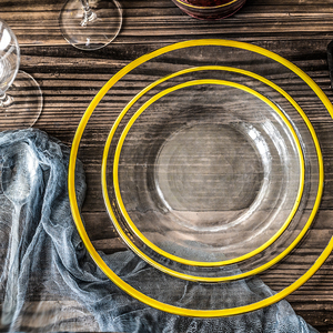 <span class=keywords><strong>Assiettes</strong></span> de présentation <span class=keywords><strong>en</strong></span> <span class=keywords><strong>verre</strong></span> <span class=keywords><strong>transparent</strong></span> de 13 pouces pour décoration de mariage, vaisselle de restaurant, avec bordure dorée et noire - Product Image 2