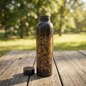 Premium Midnight Black Laser Etched Pure Copper Water Bottle 1000ml Ginkgo Leaf Pattern Ayurvedic Flask Dual Tone Gym <b>Drinkware</b> - Product Image 2