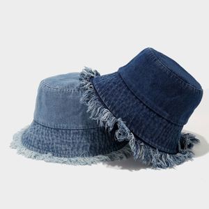 Fashion Trendy Raw Edge Fringe Brim Outdoor Street Sun <b>Hat</b> Blank Faded Cotton Bucket <b>Hat</b> - Product Image 3