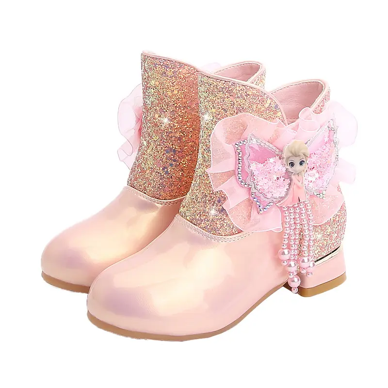 Girls high heeled boots children's Martin warm boots Waterproof and anti-slip little girl padded cotton cartoon Princess short b